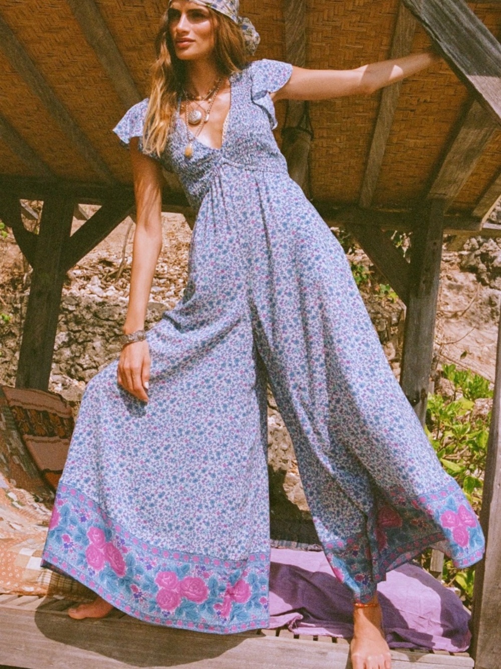 SPELL Love Jetty Shirred Jumpsuit Blue Nirvana SZ XXL